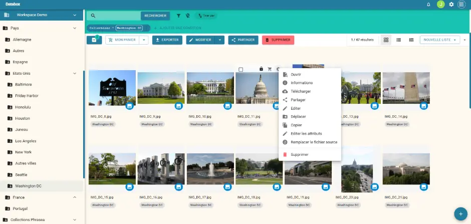 Menu des actions sur chacune des vignettes